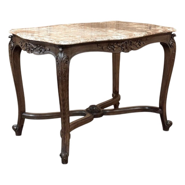 Late 19th Century French Louis XV Walnut Marble-Top Center Table ~ Library Table For Sale
