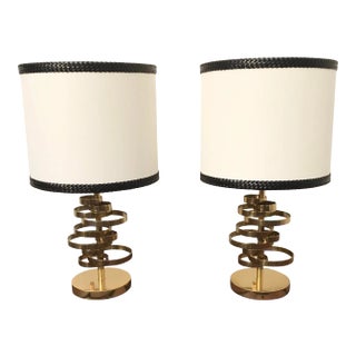 Brass Ribbon Lamp With Braided Leather Shade - a Pair For Sale