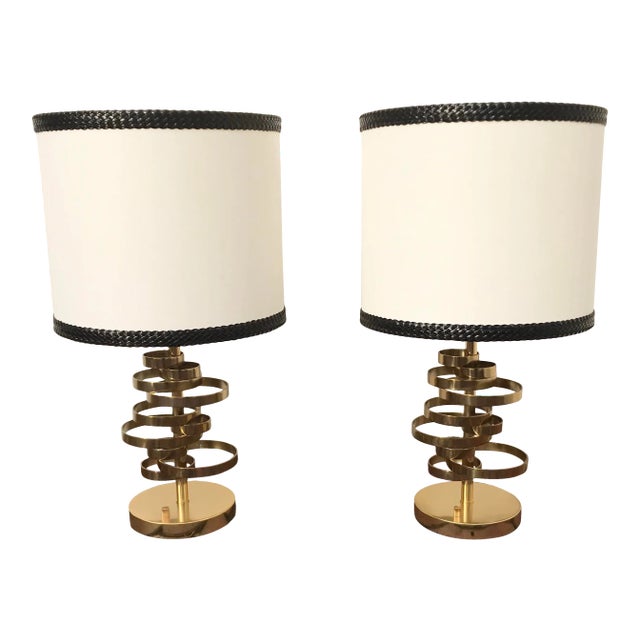 Brass Ribbon Lamp With Braided Leather Shade - a Pair For Sale