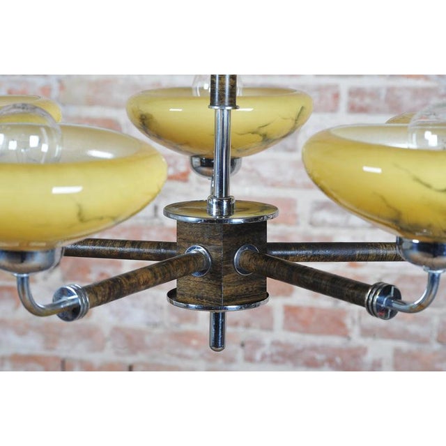 Wood Art Deco Chandelier in Chrome and Beech, Czech, 1920s For Sale - Image 7 of 14