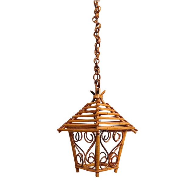 Mid-Century Hand-Crafted Bamboo Cane and Rattan Lantern Pendant, 1960s For Sale