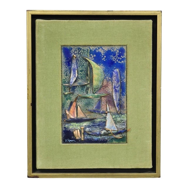 Vintage Mid Centuy Modern Enameled Copper Clipper Ship Art Painting by M. Rosen For Sale