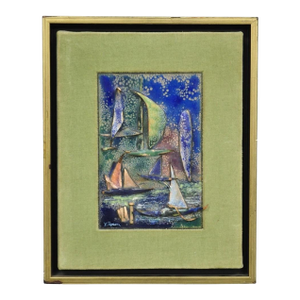 Vintage Mid Centuy Modern Enameled Copper Clipper Ship Art Painting by M. Rosen