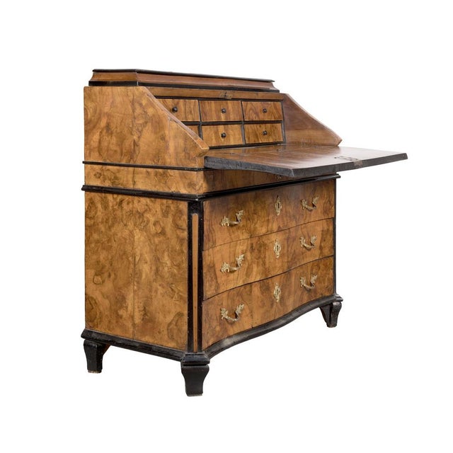 Lombard Drop-Leaf Cabinet in in Walnut Root Veneer with Ebonized Profiles, 18th Century, in Good conditions. Designed...
