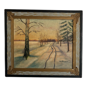 Antique Snowy Landscape Oil Painting in Handmade Wood Frame