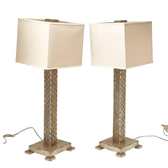 Contemporary Pair Contemporary Silvered Geometric Column Lamps For Sale - Image 3 of 3