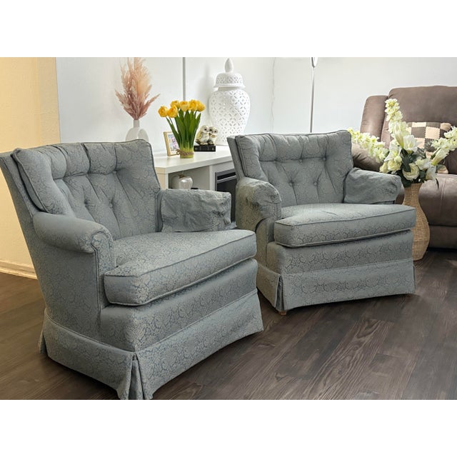 Wood Vintage Mid-Century Tufted Damask Skirted Club Chairs - Attributed to Ethan Allen (A Pair) For Sale - Image 7 of 12