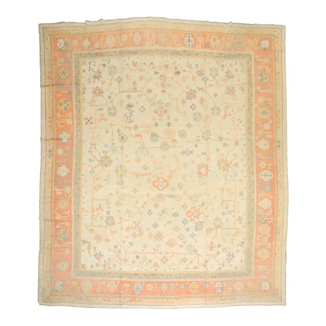 Ivory Peach Square Antique Oushak Large Square Rug no. 10968 For Sale