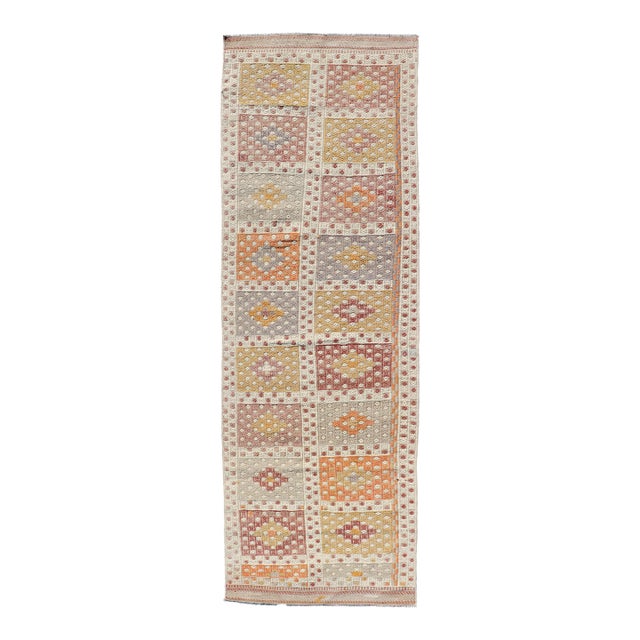 Vintage Turkish Kilim Runner With Checker Medallions in Soft Pastel Tones For Sale