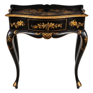 Italian Petite Hand Painted Gilt Chinoiserie on Black Lacquer Side Table Desk For Sale