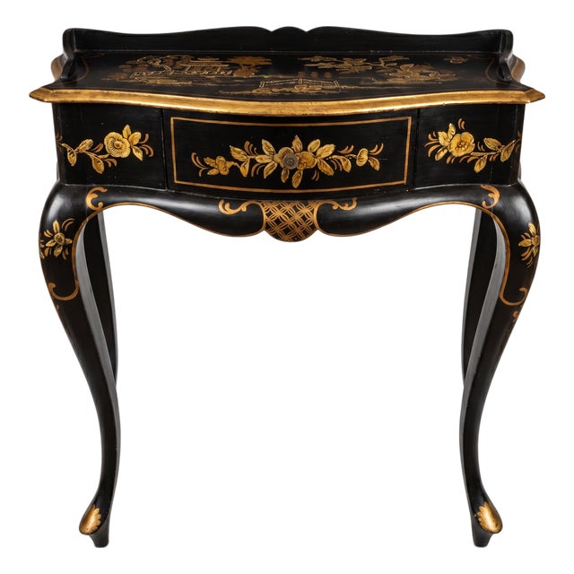 Italian Petite Hand Painted Gilt Chinoiserie on Black Lacquer Side Table Desk For Sale
