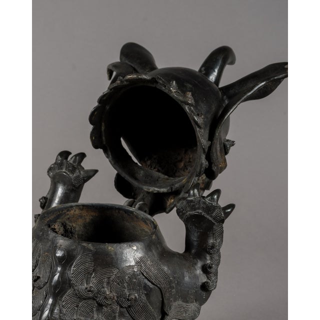 Metal Pair Antique Chinese Bronze Foo Dog Shishi Incense Burners Qing Republic For Sale - Image 7 of 9