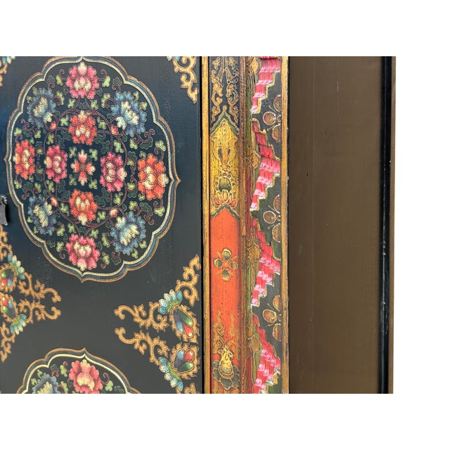 Tibetan Style Lotus Geometric Graphic Carving Edge Storage Cabinet For Sale - Image 9 of 12