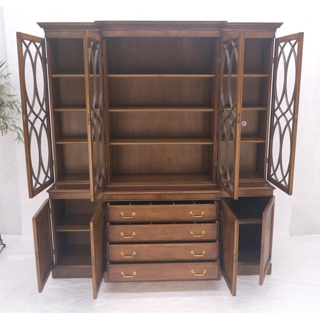 Wood Large Wide Mahogany Individual Bubble Glass Panes Doors Breakfront China Cabinet For Sale - Image 7 of 18