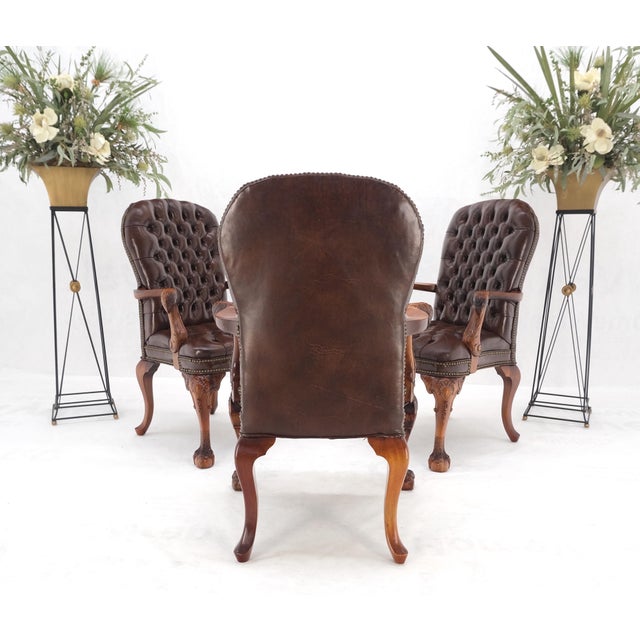 Brown Leather Chesterfield Backs & Seat Carved Walnut Armchairs Fireside Chairs For Sale - Image 9 of 13