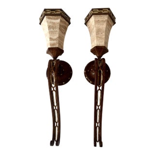 Exquisite Pair of Vintage Alabaster and Metal Torchiere Sconces Mint Condition For Sale
