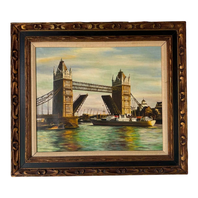 1970's Vintage London Tower Bridge Oil on Canvas Painting, Signed For Sale