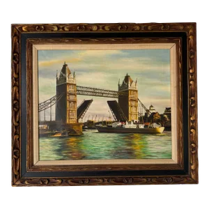 1970's Vintage London Tower Bridge Oil on Canvas Painting, Signed