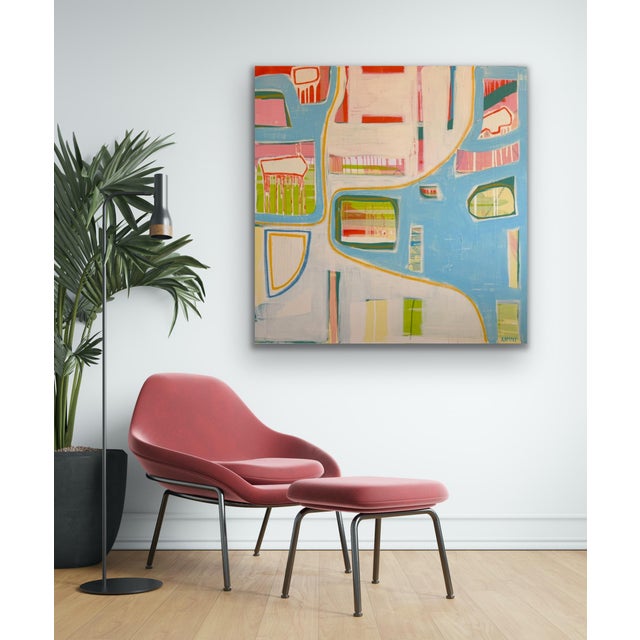 Large Contemporary Abstract Acrylic Painting – Sky Blue & Coral Geometric Grid For Sale - Image 4 of 10
