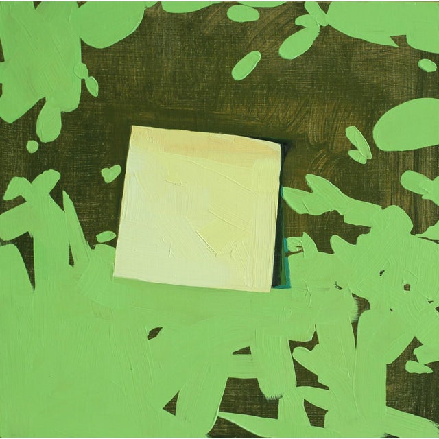 This artwork features a central, softly illuminated square set against a lively backdrop of vibrant greens and darker...