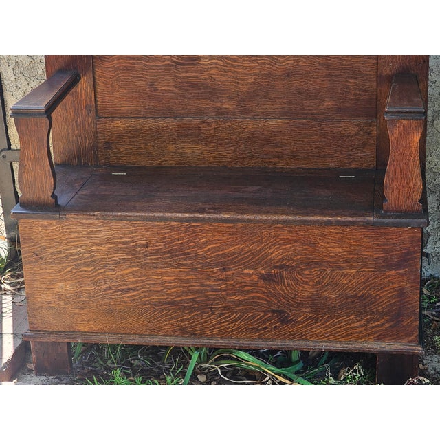 Antique American Quarter Sawn Tiger Oak Hall Tree With Beveled Mirror & Storage Bench For Sale - Image 9 of 18