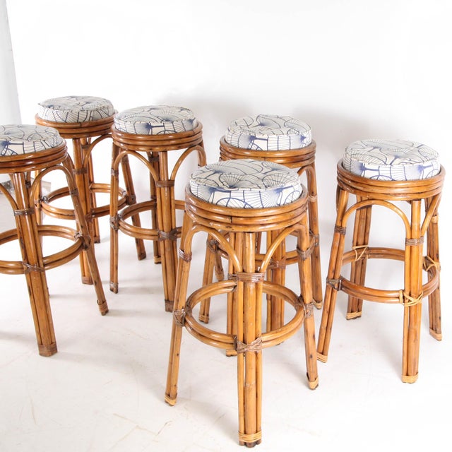Mid-Century Modern Rattan Stools with Seat Cushions, 1970s, Set of 6 For Sale - Image 3 of 11