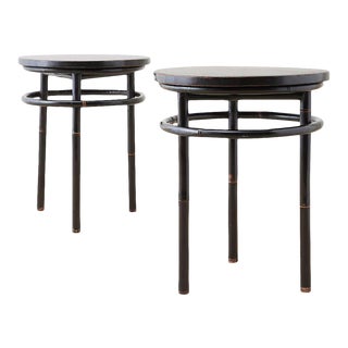 Mid-Century Ebonized Bamboo Round Drinks Tables - A Pair
