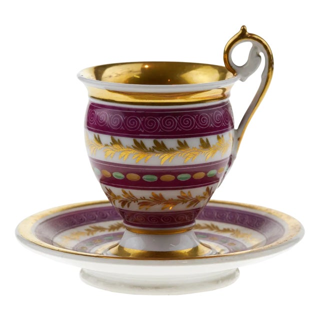 French Porcelain Teacup and Saucer, Set of 2 For Sale