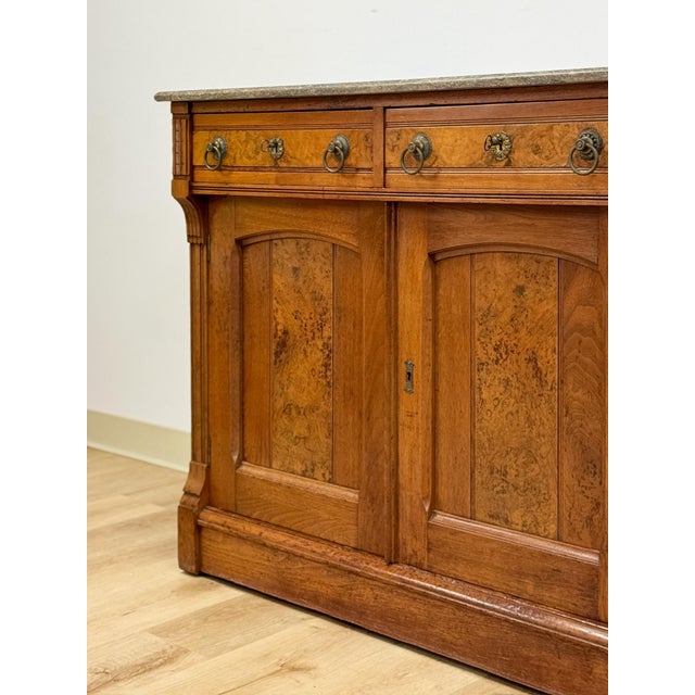 Antique French Provincial Marble Burlwood Buffet 2 Drawer Locking Cabinet For Sale - Image 9 of 18