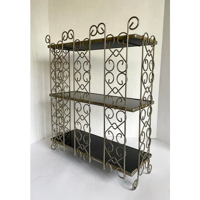 Mid-Century Hollywood Regency Silver-Tone Metal Tabletop Étagère With Black Glass Shelves For Sale - Image 10 of 12