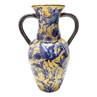 Vintage Handmade Yellow and Blue Glazed Ceramic Amphora Vase by Zulimo Aretini, Italy, 1950s For Sale