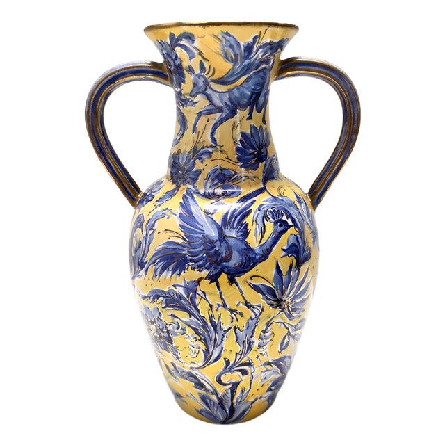 Vintage Handmade Yellow and Blue Glazed Ceramic Amphora Vase by Zulimo Aretini, Italy, 1950s For Sale