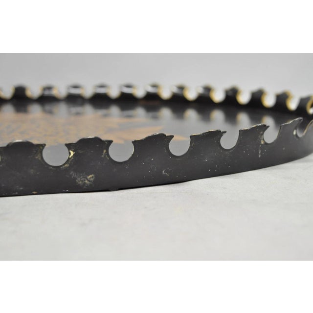 Vintage French Country Black and Gold Hand Painted Oval Toleware Serving Tray For Sale - Image 10 of 15