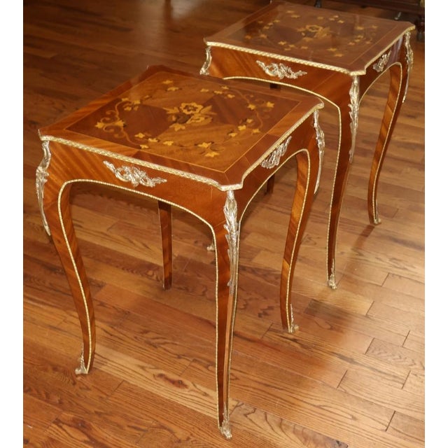 1990s 1990s Pair of French Louis XV Style Mixed Wood Inlaid Ormolu End Tables For Sale - Image 5 of 12