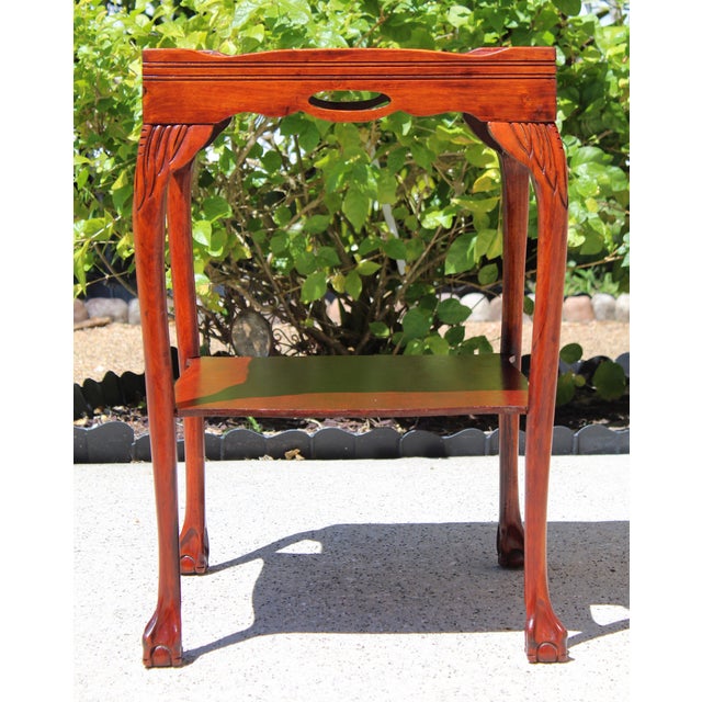Vintage Georgian Style Mahogany Tray Top Side Table, Circa 1950s–1970s | Ball & Claw Feet | Carved Cabriole Legs | Butler’s Table | 18” Square For Sale In Naples, FL - Image 6 of 17