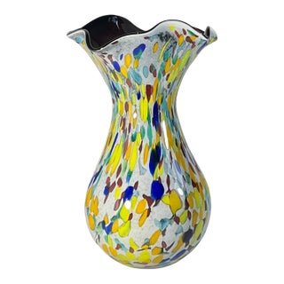 15+ In. Tall Bulbous Multicolor Ruffled Art Glass Confetti Multicolor Vase For Sale