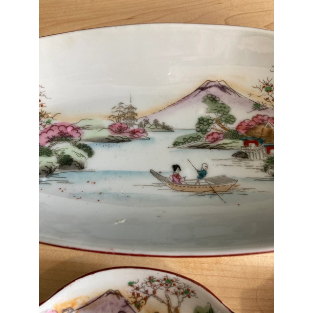 Ceramic Vintage Hand Painted Japanese Sushi Serving Set With Mount Fuji Landscape, 7 Pieces For Sale - Image 7 of 9