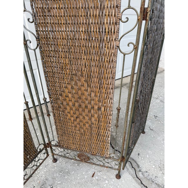 Vintage Wrought Iron & Woven Rattan Folding Room Divider Screen For Sale In Orlando - Image 6 of 12