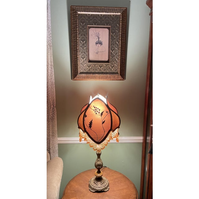 Vintage Victorian Revival Table Lamp Heavy Brass Stone Base Amber Fringe Shade For Sale - Image 12 of 16