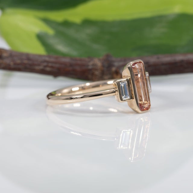 Metal Imperial Topaz Ring With Earth-Mined Diamond Accents in Solid 14k Gold, 9x3.5mm, Size 6.75 For Sale - Image 7 of 9