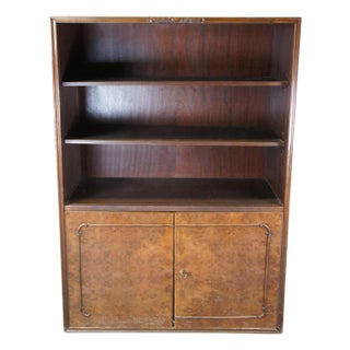 1940s Mid Century Walnut Burl Carved Library Bookcase Bookshelf Cabinet Drawers 58" For Sale