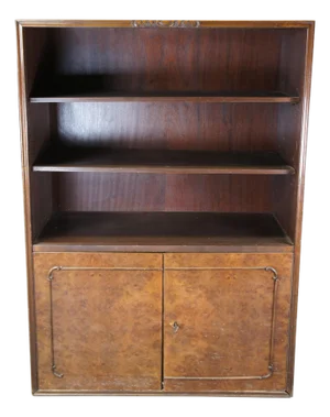 1940s Mid Century Walnut Burl Carved Library Bookcase Bookshelf Cabinet Drawers 58"