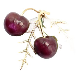 Vintage Tiffany & Co. France Diamond Plique a Jour Glass Cherries Gold Brooch For Sale