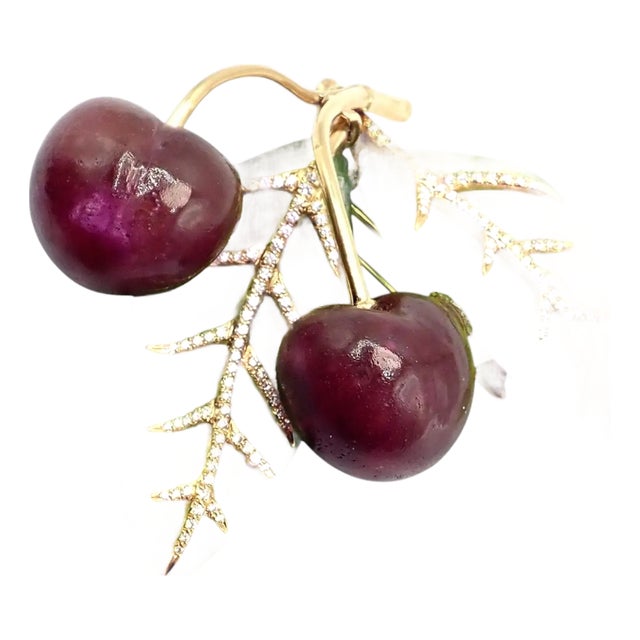 Vintage Tiffany & Co. France Diamond Plique a Jour Glass Cherries Gold Brooch For Sale