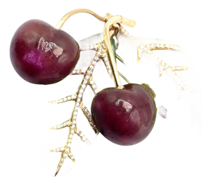 Vintage Tiffany & Co. France Diamond Plique a Jour Glass Cherries Gold Brooch