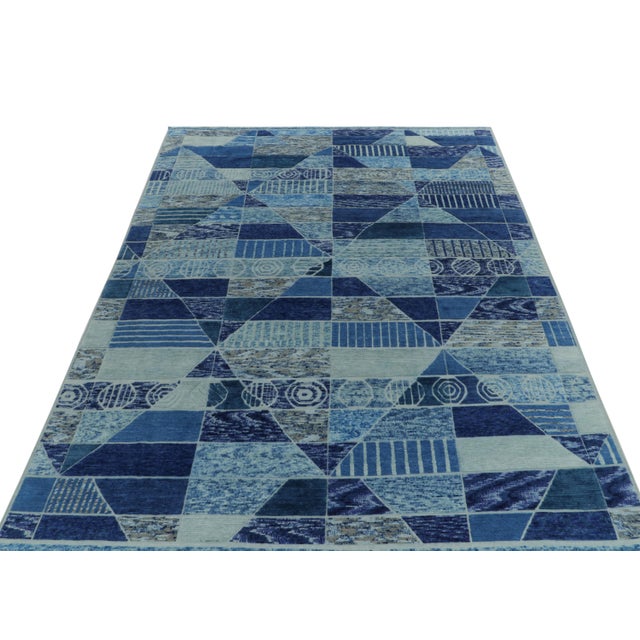 Mid-Century Modern Scandinavian pile rug in Blue & Beige Geometric Pattern by Rug & Kilim - 12x15 For Sale - Image 3 of 7