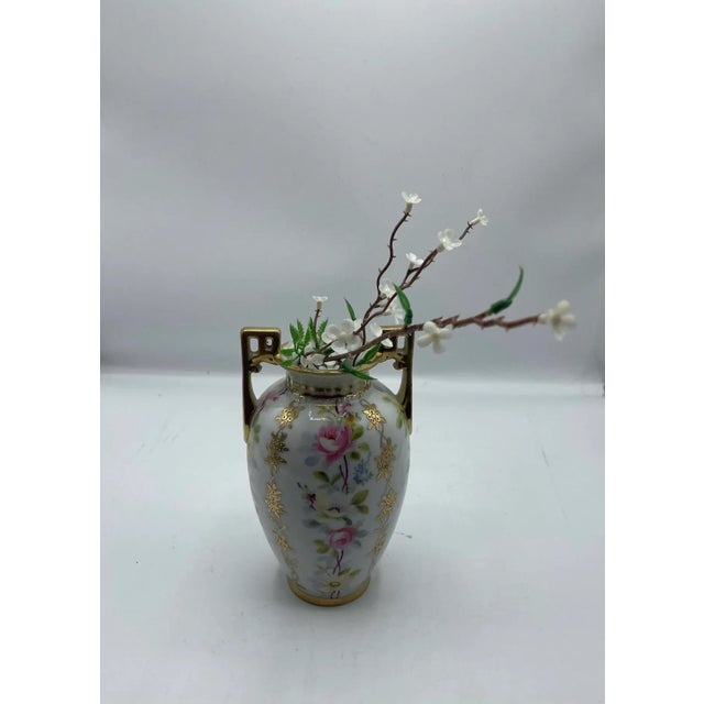 White Antique Nippon Porcelain Hand Painted Gilded Panel Double Handle Vase For Sale - Image 8 of 8