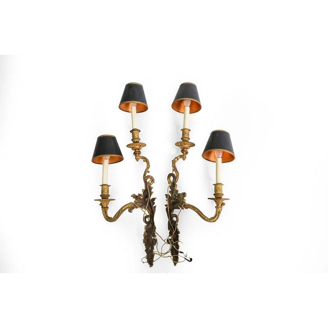 A striking pair of Louis XV style wall sconces featuring ornate cast gilt bronze bodies with scrolling acanthus leaves and...