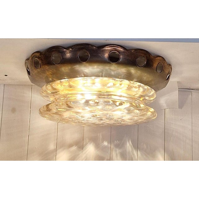 Vintage Ceiling Lamp with Patinated Brass Trim and Amber-Tinted Glass Shade, 1970s For Sale - Image 9 of 9