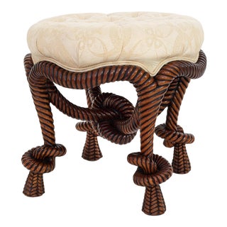 Vintage 1980s Carved Wood Maitland Smith Rope Stool For Sale